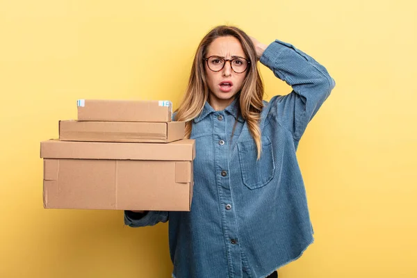 Pretty Woman Feeling Stressed Anxious Scared Hands Head Package Boxes — Fotografia de Stock