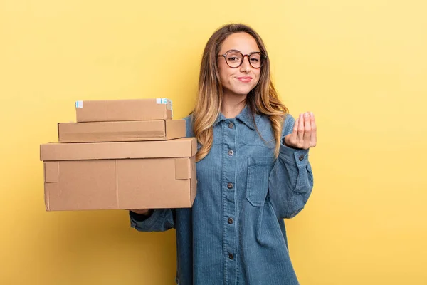 Pretty Woman Making Capice Money Gesture Telling You Pay Package — Stock Photo, Image