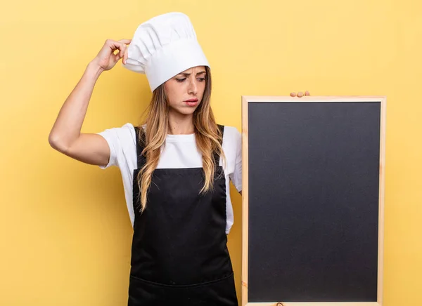 Chef Woman Smiling Happily Daydreaming Doubting Blackboard Menu Concept — Stockfoto