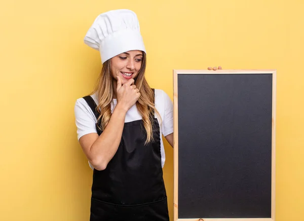 Chef Woman Smiling Happy Confident Expression Hand Chin Blackboard Menu — Stockfoto