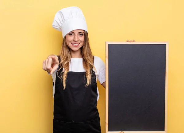 Chef Woman Pointing Camera Choosing You Blackboard Menu Concept — Stockfoto