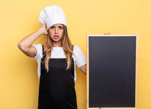 Chef Woman Feeling Stressed Anxious Scared Hands Head Blackboard Menu — Stockfoto