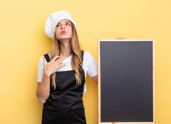 Chef Woman Feeling Stressed Anxious Tired Frustrated Blackboard Menu Concept — Stockfoto