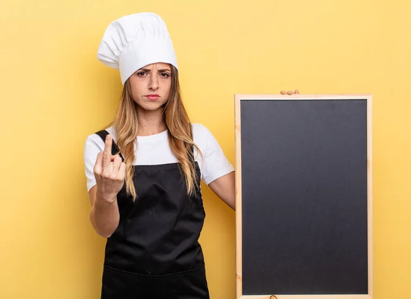 Chef Woman Feeling Angry Annoyed Rebellious Aggressive Blackboard Menu Concept — Stockfoto