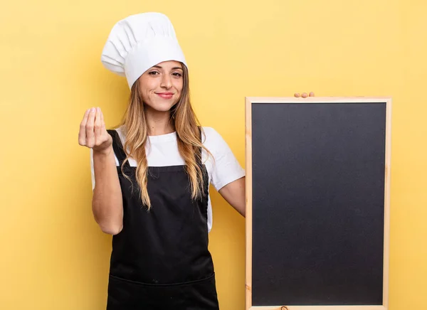 Chef Woman Making Capice Money Gesture Telling You Pay Blackboard — Stockfoto