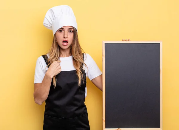 Chef Woman Looking Shocked Surprised Mouth Wide Open Pointing Self — Stockfoto