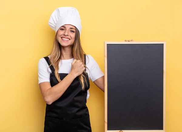 Chef Woman Feeling Happy Facing Challenge Celebrating Blackboard Menu Concept — Stockfoto