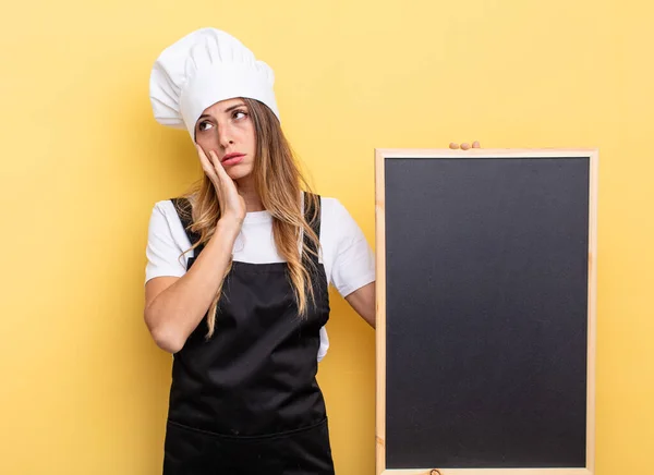 Chef Woman Feeling Bored Frustrated Sleepy Tiresome Blackboard Menu Concept — Stockfoto