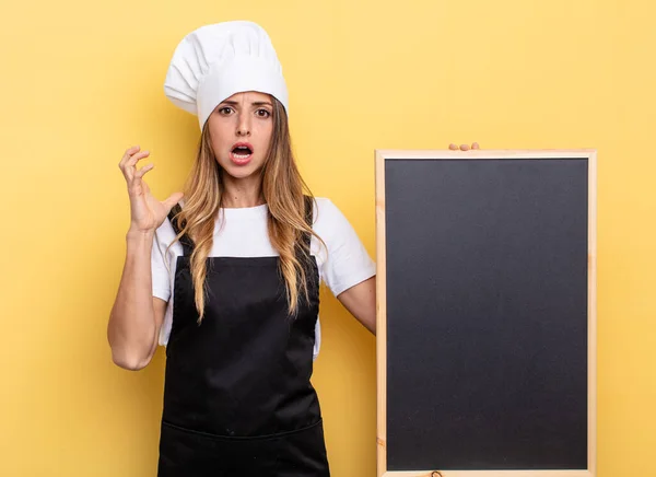 Chef Woman Screaming Hands Air Blackboard Menu Concept — Stockfoto