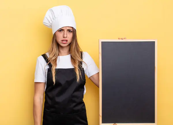 Chef Woman Feeling Puzzled Confused Blackboard Menu Concept — Stockfoto