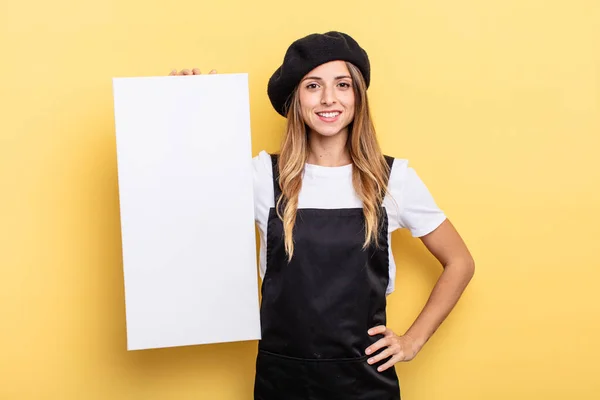 Woman Artist Smiling Happily Hand Hip Confident Empty Canvas Concept — Stockfoto