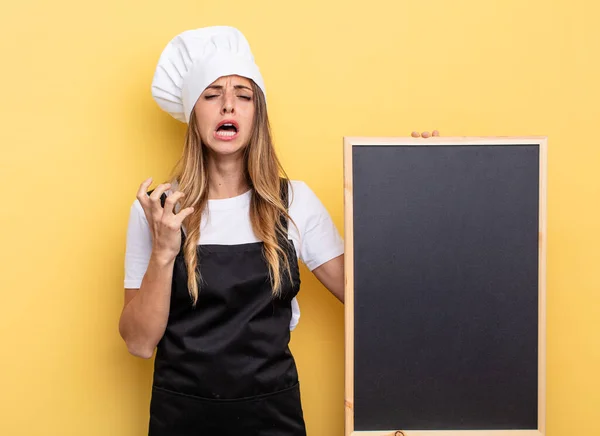 Chef Woman Looking Desperate Frustrated Stressed Blackboard Menu Concept — Stockfoto