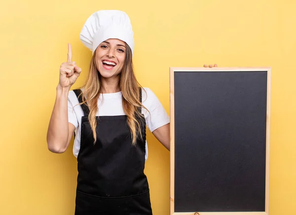 Chef Woman Feeling Happy Excited Genius Realizing Idea Blackboard Menu — Stockfoto