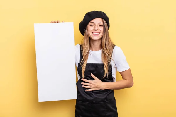 Woman Artist Laughing Out Loud Some Hilarious Joke Empty Canvas — Stockfoto