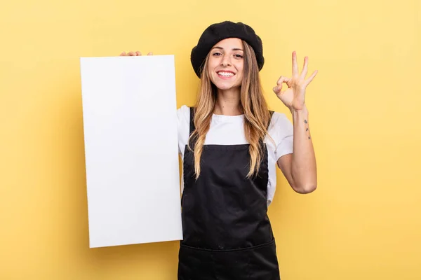 Woman Artist Feeling Happy Showing Approval Okay Gesture Empty Canvas — Stockfoto