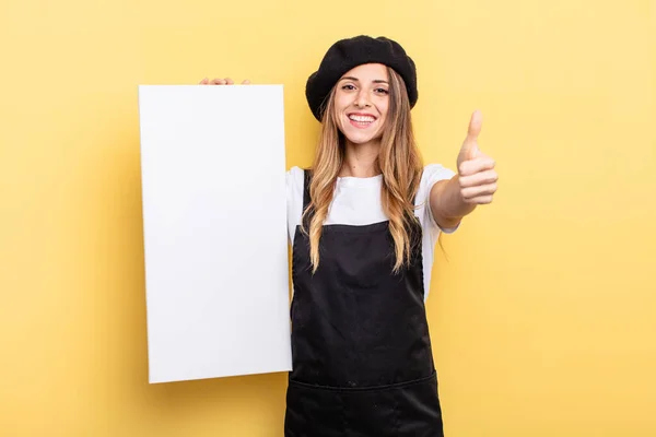 Woman Artist Feeling Proud Smiling Positively Thumbs Empty Canvas Concept — Foto de Stock