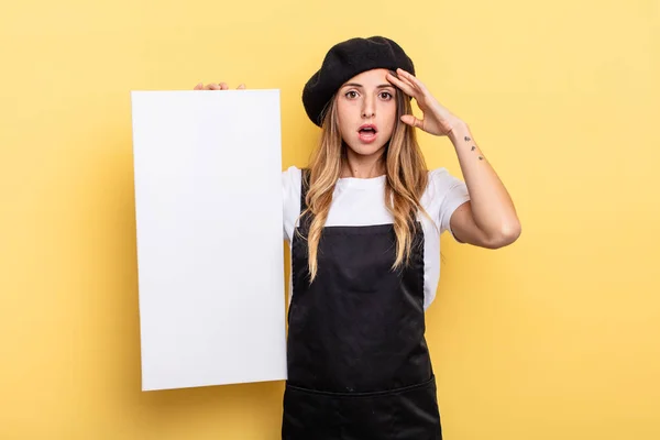 Woman Artist Looking Happy Astonished Surprised Empty Canvas Concept — Stockfoto
