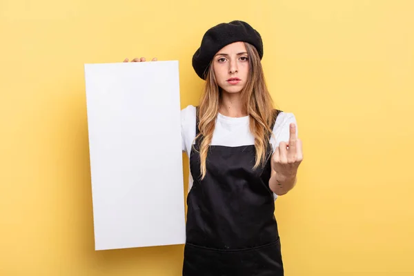 Woman Artist Feeling Angry Annoyed Rebellious Aggressive Empty Canvas Concept — Stockfoto