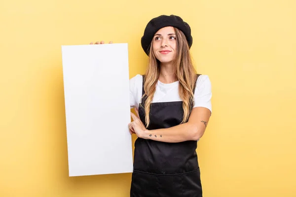 Woman Artist Shrugging Feeling Confused Uncertain Empty Canvas Concept — Stockfoto
