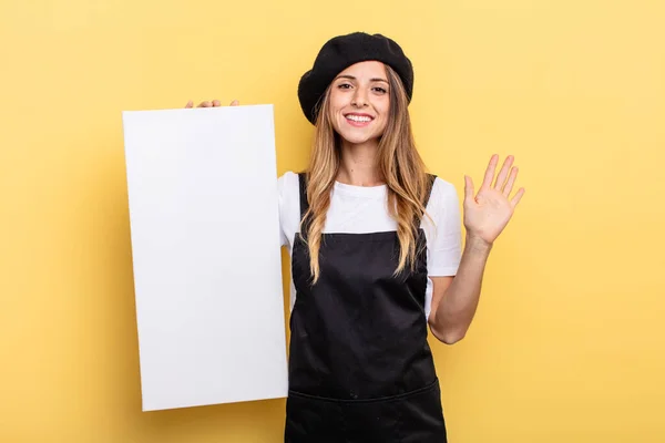 Woman Artist Smiling Happily Waving Hand Welcoming Greeting You Empty — Stockfoto