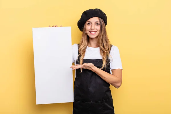 Woman Artist Smiling Cheerfully Feeling Happy Showing Concept Empty Canvas — Stockfoto