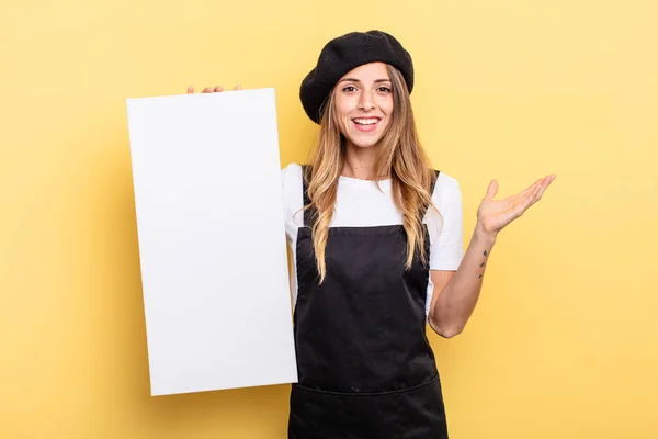 Woman Artist Feeling Happy Surprised Realizing Solution Idea Empty Canvas — Fotografia de Stock