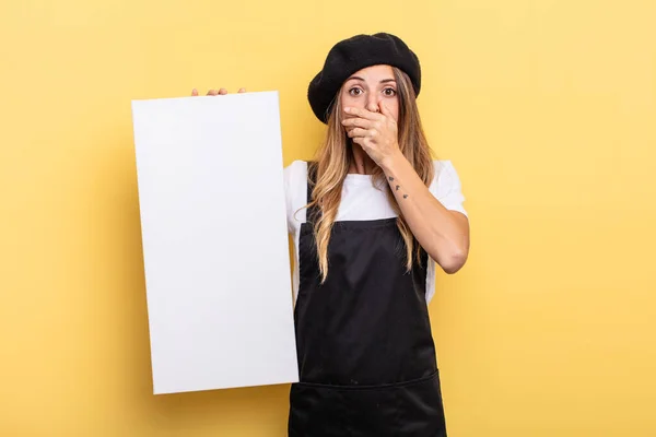 Woman Artist Covering Mouth Hands Shocked Empty Canvas Concept — Stockfoto
