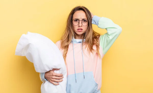 Pretty Woman Feeling Stressed Anxious Scared Hands Head Pajamas Concept — Stockfoto