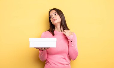 pretty woman feeling stressed, anxious, tired and frustrated. white box packaging concept
