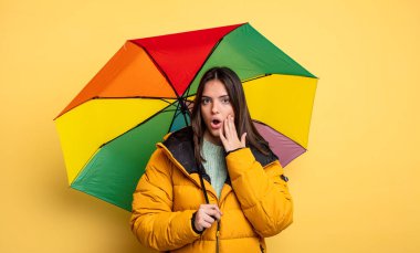 pretty woman feeling shocked and scared. winter and umbrella concept