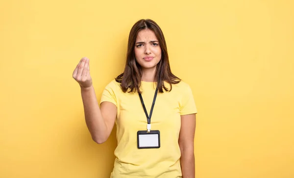 Pretty Woman Making Capice Money Gesture Telling You Pay Accreditation — Stockfoto