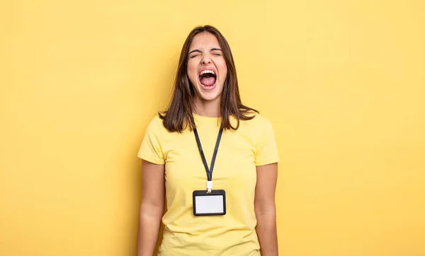 Pretty Woman Shouting Aggressively Looking Very Angry Accreditation Card Concept — Zdjęcie stockowe