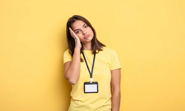 Pretty Woman Feeling Bored Frustrated Sleepy Tiresome Accreditation Card Concept — Stockfoto