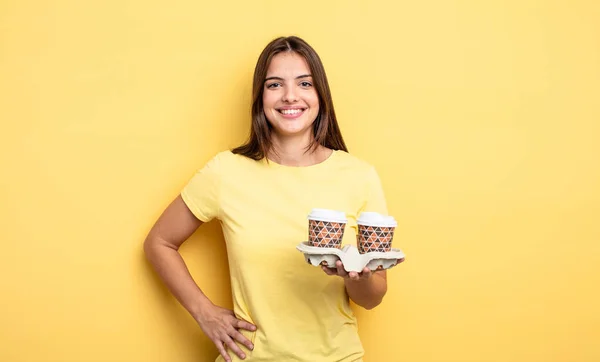 Pretty Woman Smiling Happily Hand Hip Confident Take Away Coffee — Stockfoto