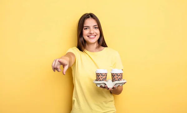 Pretty Woman Pointing Camera Choosing You Take Away Coffee Concept — Stockfoto