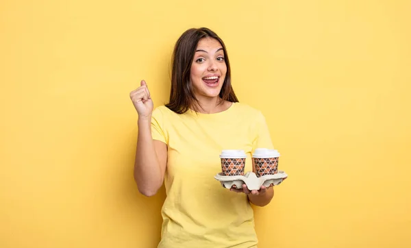 Pretty Woman Feeling Shocked Laughing Celebrating Success Take Away Coffee — Stockfoto