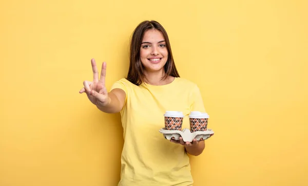 Pretty Woman Smiling Looking Happy Gesturing Victory Peace Take Away — Stockfoto