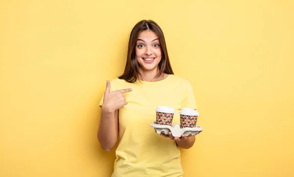 Pretty Woman Feeling Happy Pointing Self Excited Take Away Coffee — Stockfoto