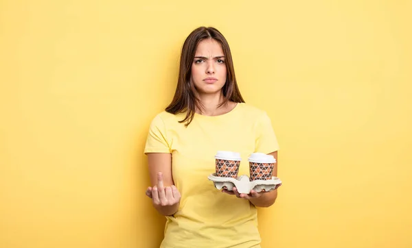 Pretty Woman Feeling Angry Annoyed Rebellious Aggressive Take Away Coffee — Stockfoto
