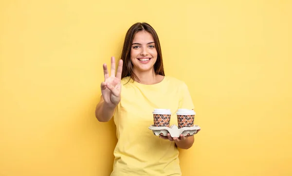 Pretty Woman Smiling Looking Friendly Showing Number Three Take Away — Stockfoto