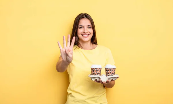 Pretty Woman Smiling Looking Friendly Showing Number Four Take Away — Stockfoto