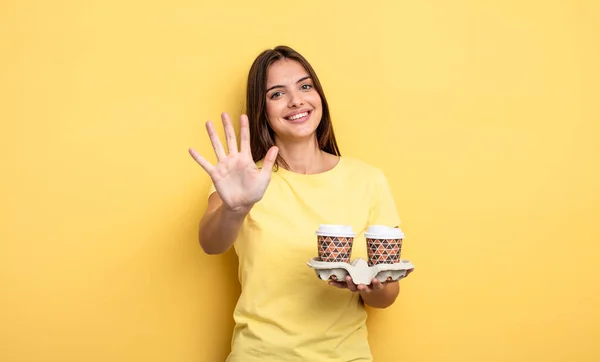 Pretty Woman Smiling Looking Friendly Showing Number Five Take Away — Stockfoto