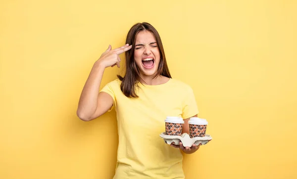 Pretty Woman Looking Unhappy Stressed Suicide Gesture Making Gun Sign — Stockfoto