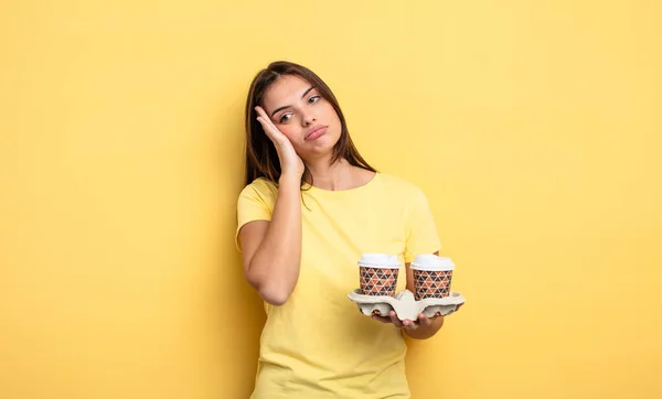 Pretty Woman Feeling Bored Frustrated Sleepy Tiresome Take Away Coffee — Stockfoto