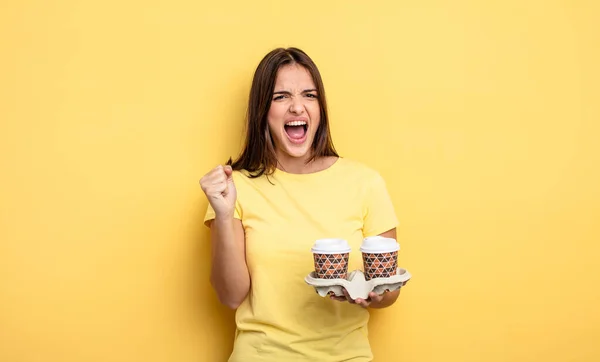 Pretty Woman Shouting Aggressively Angry Expression Take Away Coffee Concept — Stockfoto
