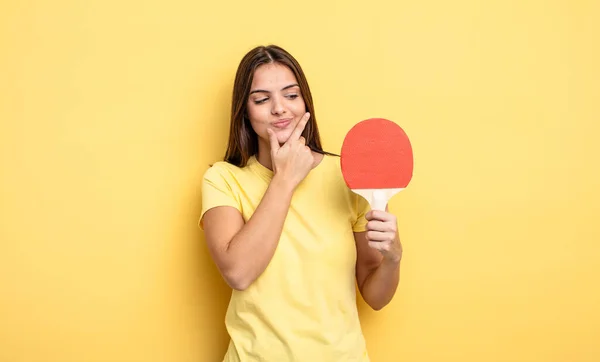 Pretty Woman Smiling Happy Confident Expression Hand Chin Ping Pong — Stock Photo, Image