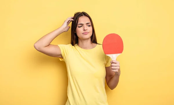 Pretty Woman Smiling Happily Daydreaming Doubting Ping Pong Concept — Stockfoto