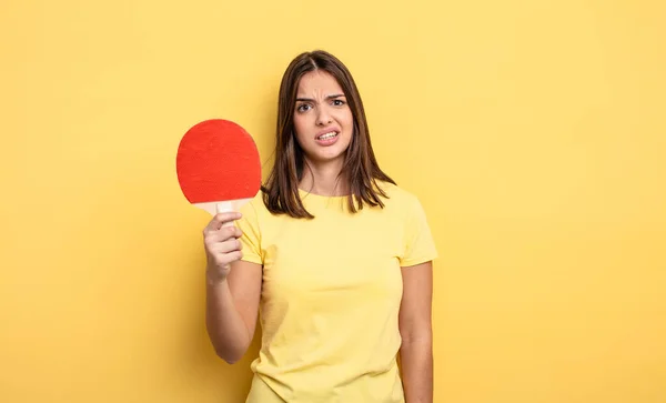 Pretty Woman Feeling Puzzled Confused Ping Pong Concept — Stockfoto