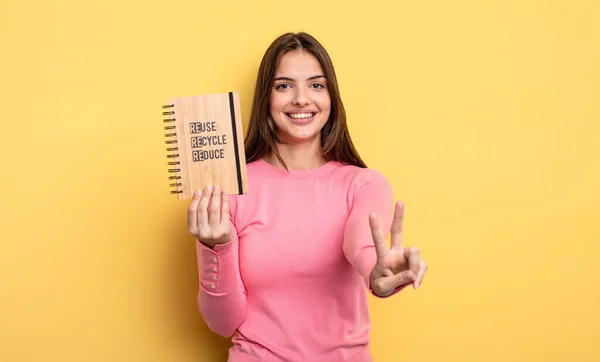 Pretty Woman Smiling Looking Happy Gesturing Victory Peace Recycle Concept — Stockfoto