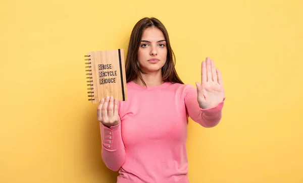 Pretty Woman Looking Serious Showing Open Palm Making Stop Gesture — Φωτογραφία Αρχείου